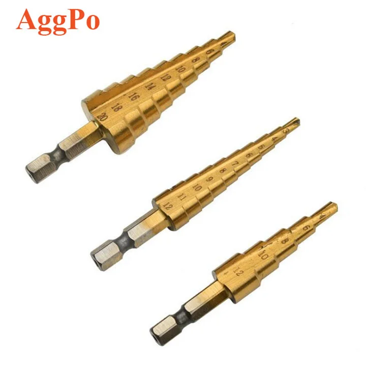 3Pcs Titanium Step Drill Bit Set 3-12mm 4-12mm 4-20mm DIY