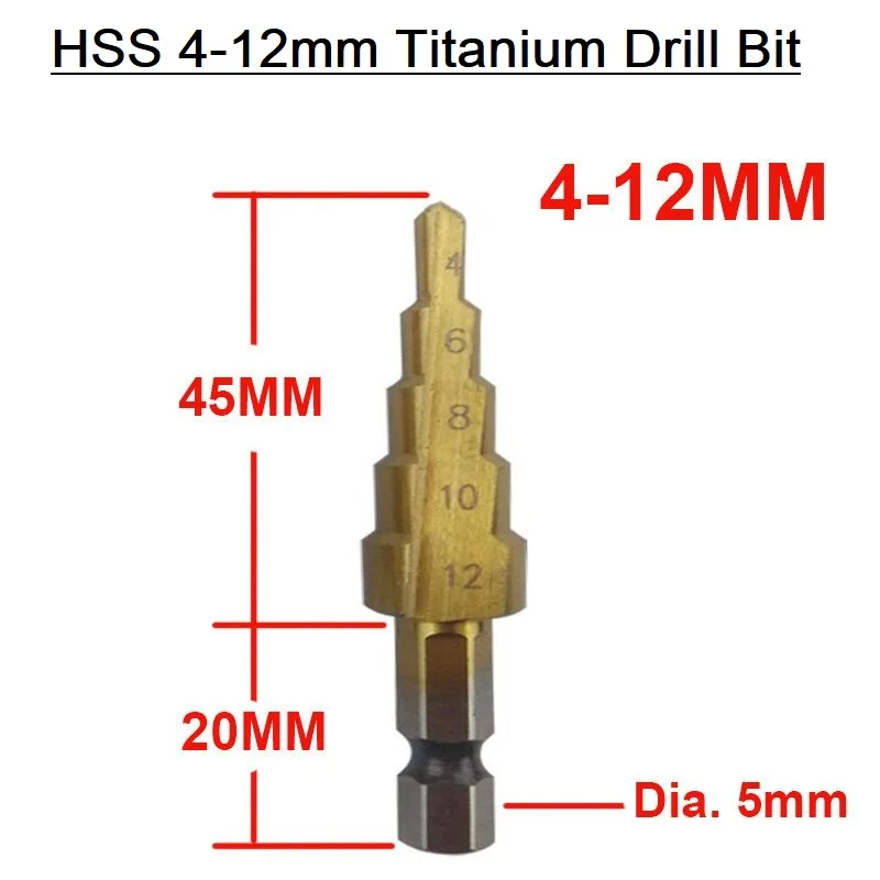 4-12mm HSS Titanium Step Cone Drill Bit 1/4 Inch Hex Shank