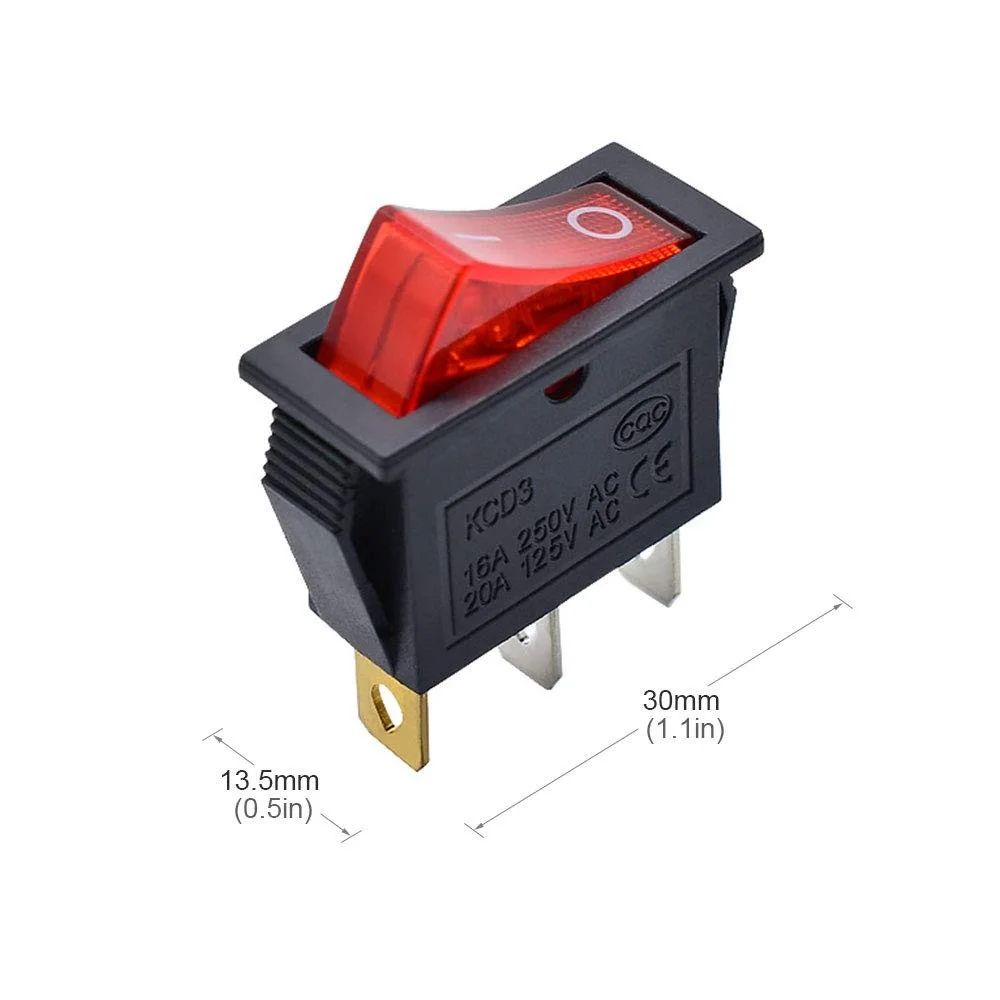 KCD3 Rocker Switch 16A 250V 3 Pin DPST Red Neon Switch
