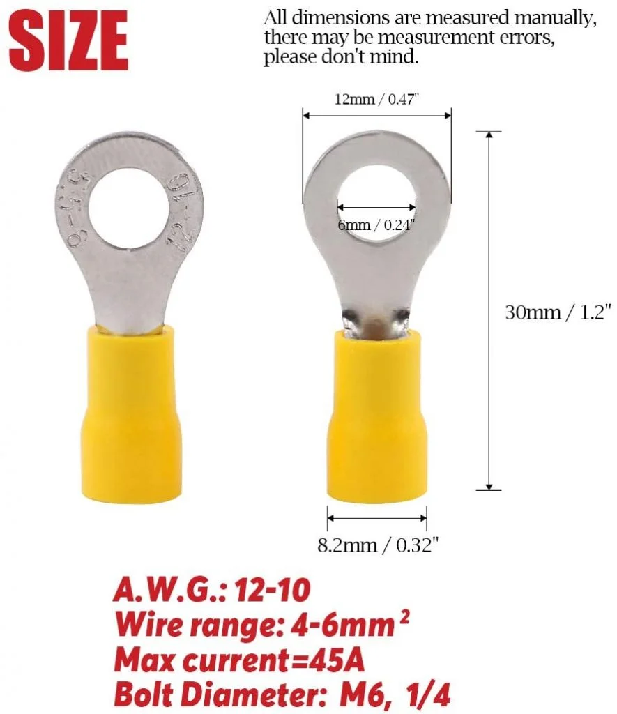 Yellow Ring Terminal 12-10AWG Crimp 5.5-6mm Wire Lug Nylon